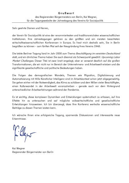 Grußwort des Regierenden Bürgermeisters von Berlin zur VfS Jahrestagung 2024